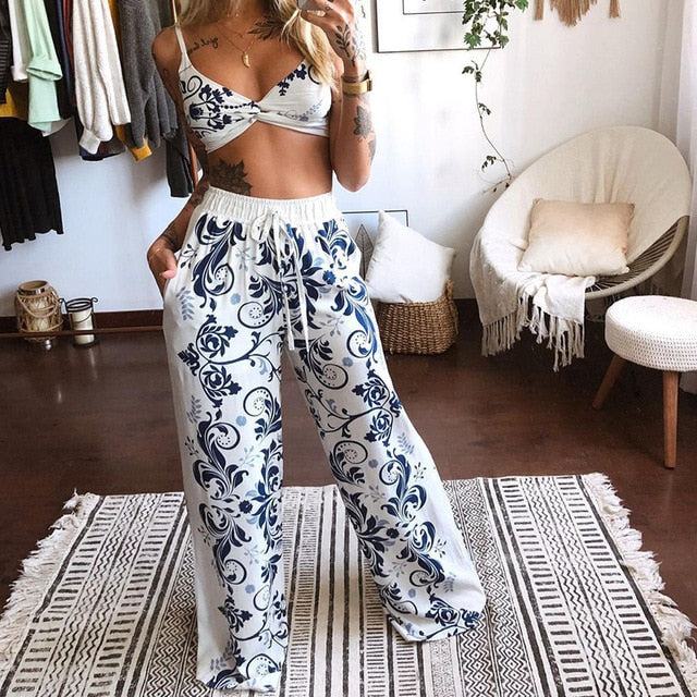 Casual Butterfly Print Bra Top & Wide Leg Pants