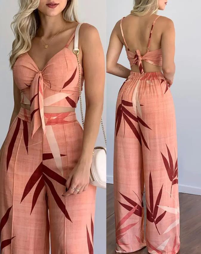 Leaf Print Crop Top & Wide Leg Pants Set