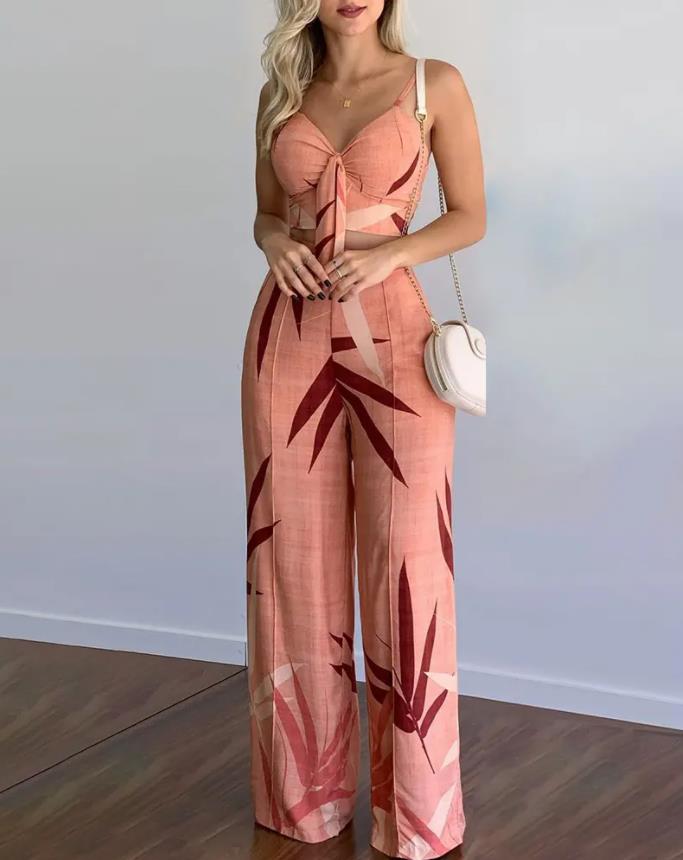 Leaf Print Crop Top & Wide Leg Pants Set