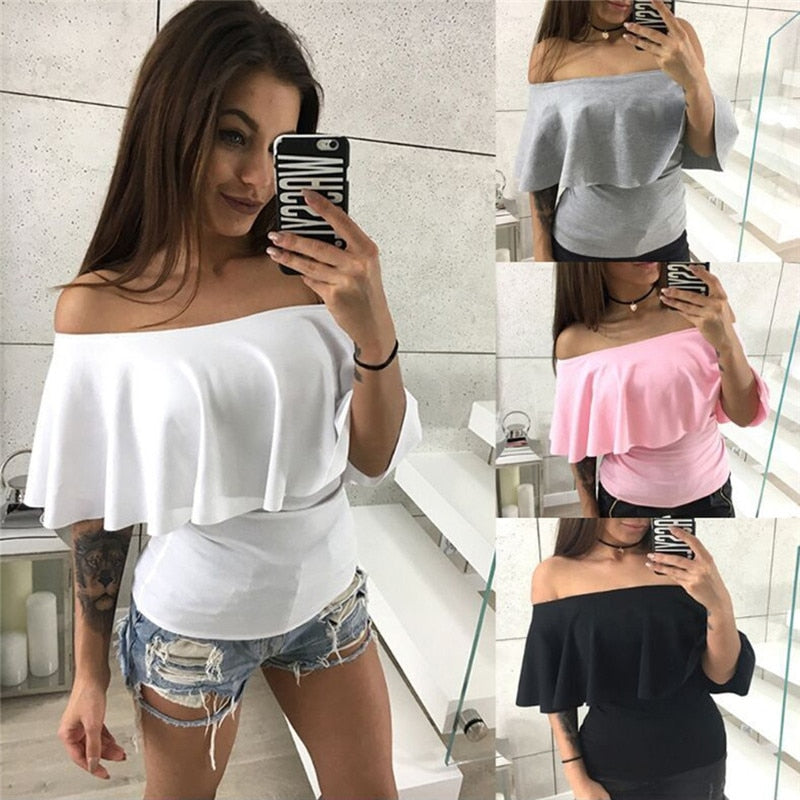 Ruffle Off Shoulder One Collar Tops