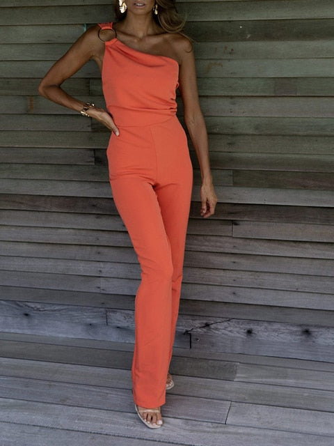 Elegant One Shoulder Diagonal Collar Jumpsuit