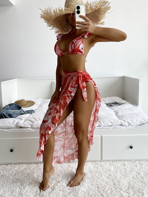 Three Piece Ruffled Bikini Set