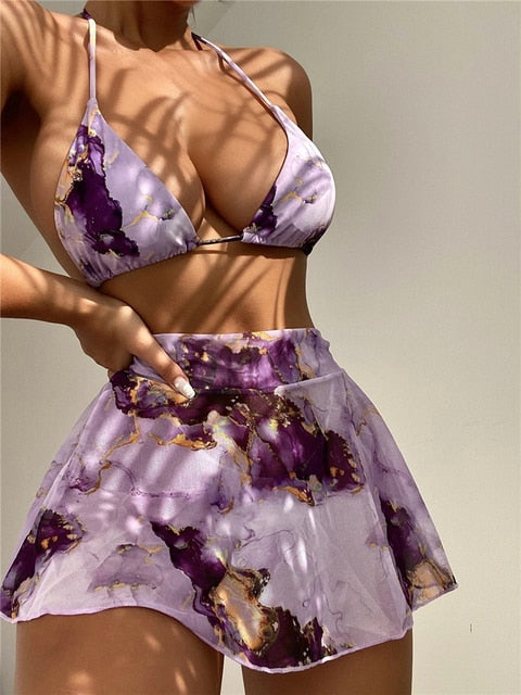 Three Pieces Marble Print Halter Swimsuit