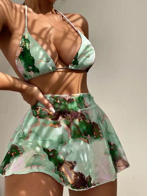 Three Pieces Marble Print Halter Swimsuit