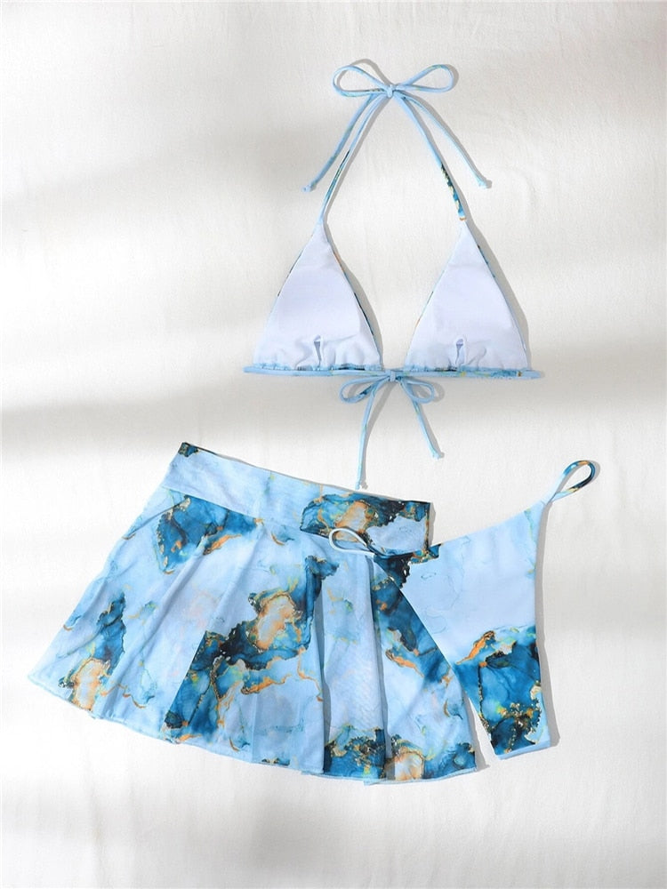 Three Pieces Marble Print Halter Swimsuit