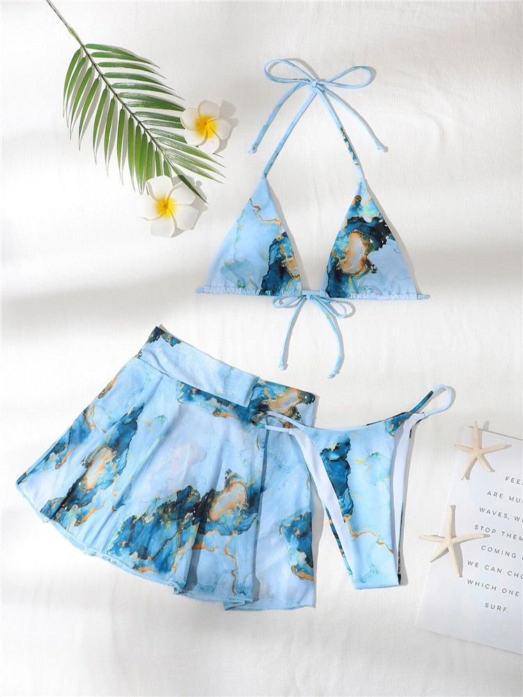 Three Pieces Marble Print Halter Swimsuit