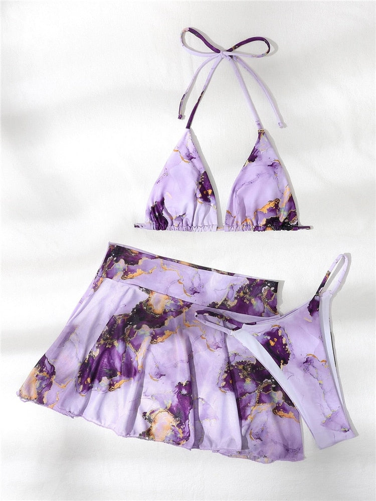 Three Pieces Marble Print Halter Swimsuit