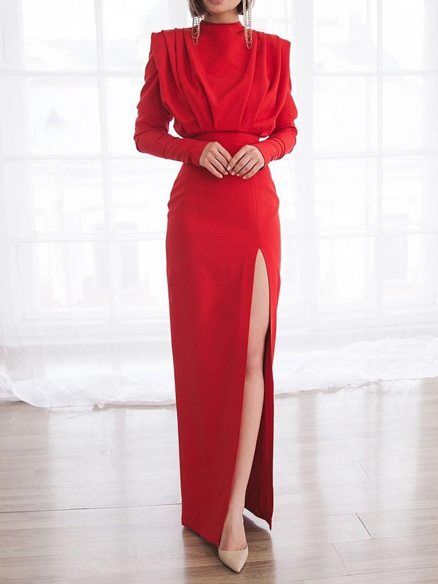 Elegant high neck pullover slit long Dress