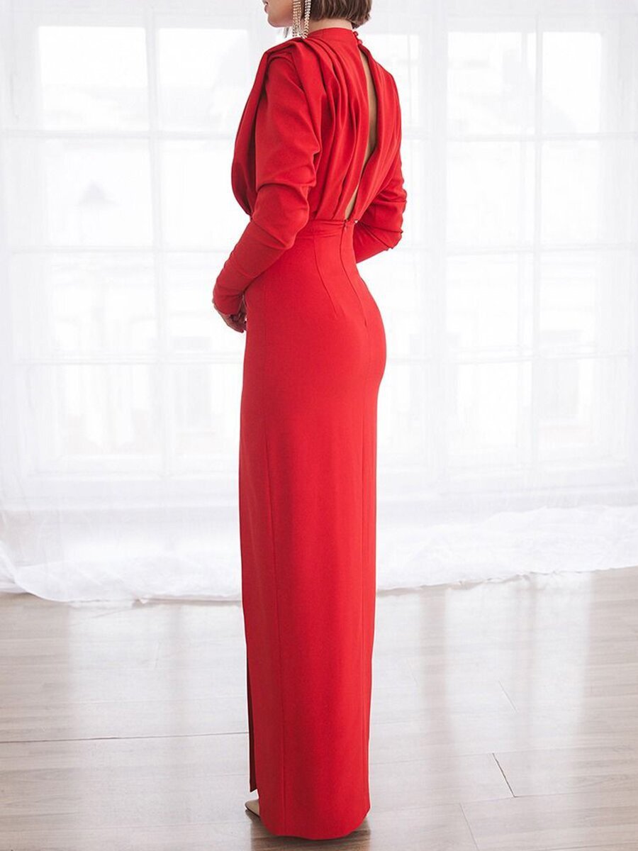 Elegant high neck pullover slit long Dress