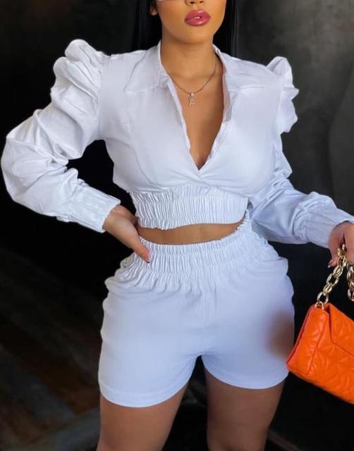 Plain White Puff Sleeve Crop Top & Casual Daily Shorts Set