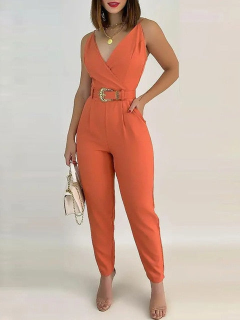 V-Neck Pocket Cami Jumpsuit with Belt