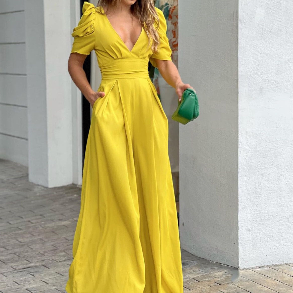 V-neck High Waist Wide Leg Jumpsuit