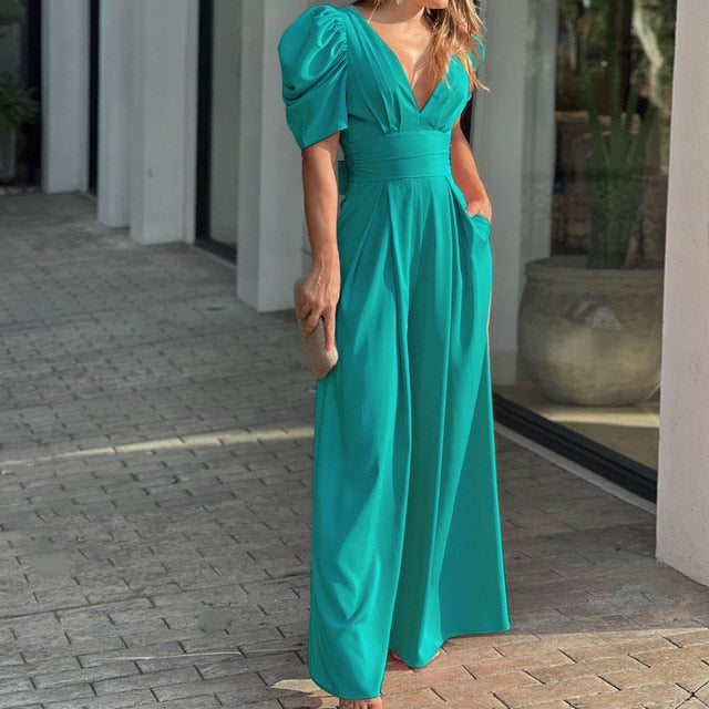 V-neck High Waist Wide Leg Jumpsuit