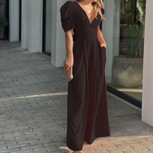 V-neck High Waist Wide Leg Jumpsuit