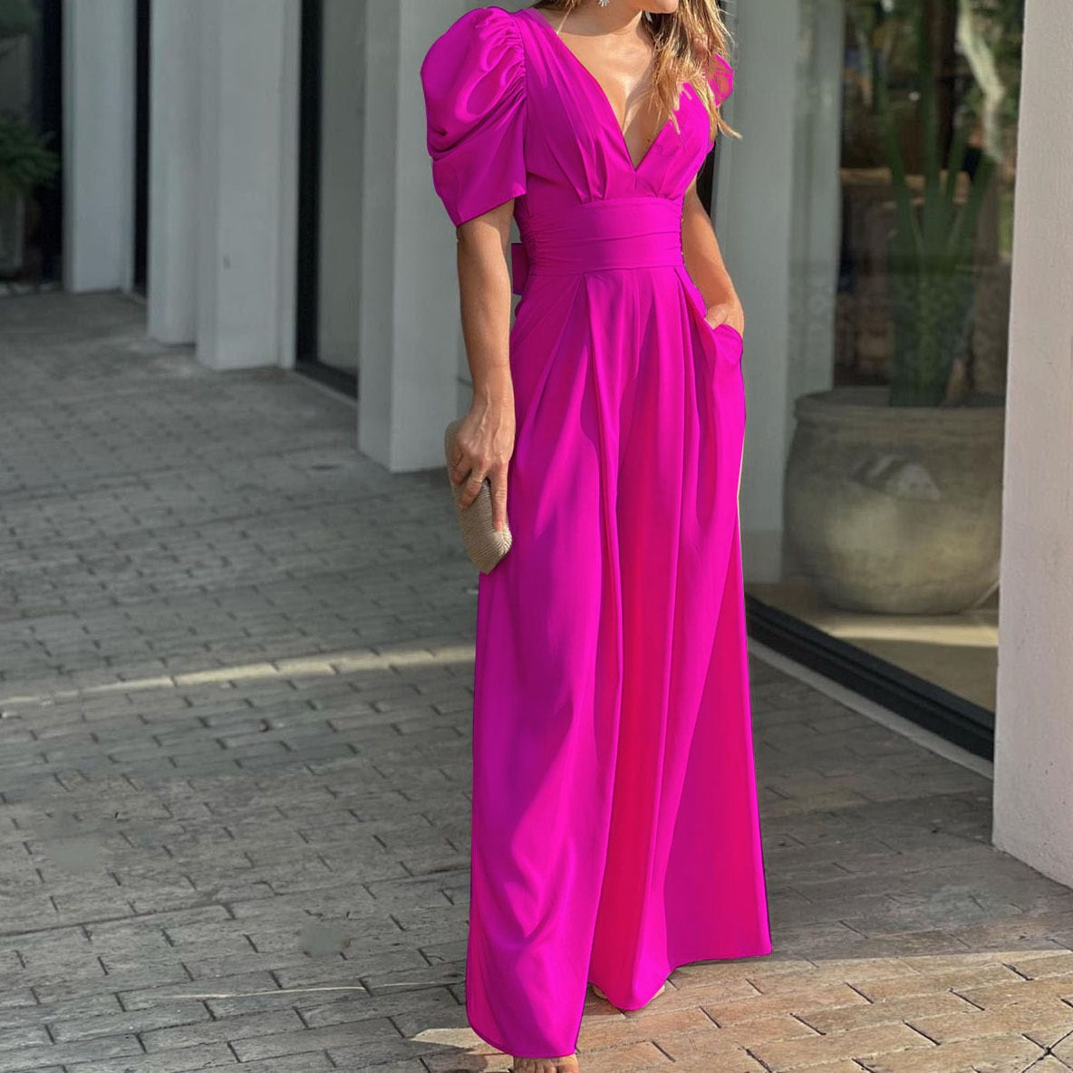 V-neck High Waist Wide Leg Jumpsuit