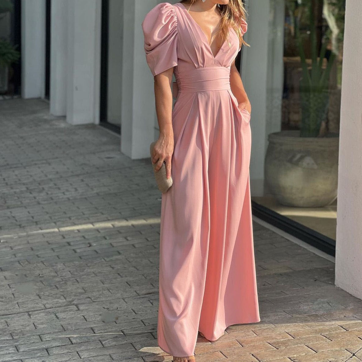 V-neck High Waist Wide Leg Jumpsuit