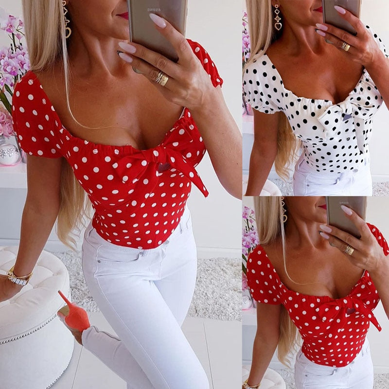 Polka Dot Print Short Sleeve Blouse