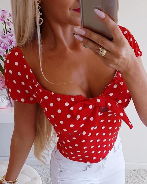 Polka Dot Print Short Sleeve Blouse