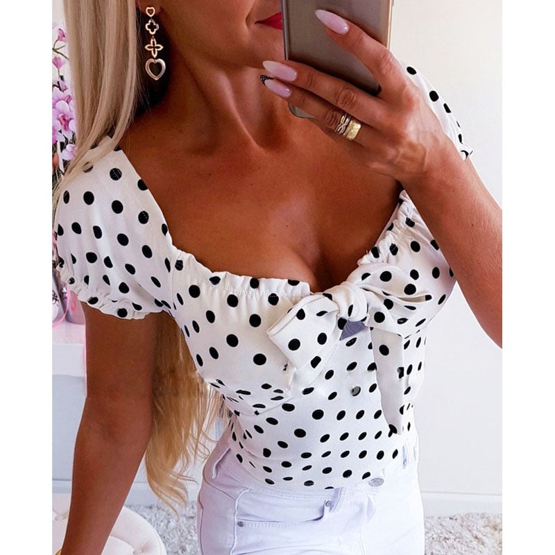 Polka Dot Print Short Sleeve Blouse