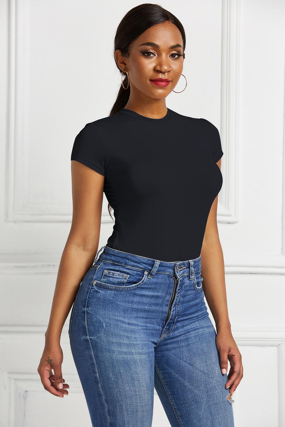 O Neck Short Sleeve Bodycon Bodysuit