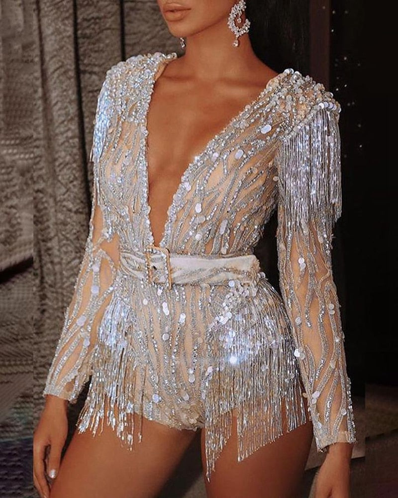 Deep V Sequined Long Sleeve Jumpsuit