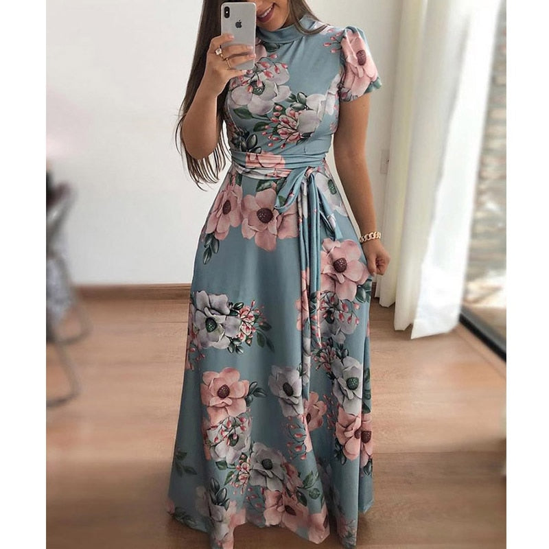 Elegant Short Sleeve Flower Print Long Dress