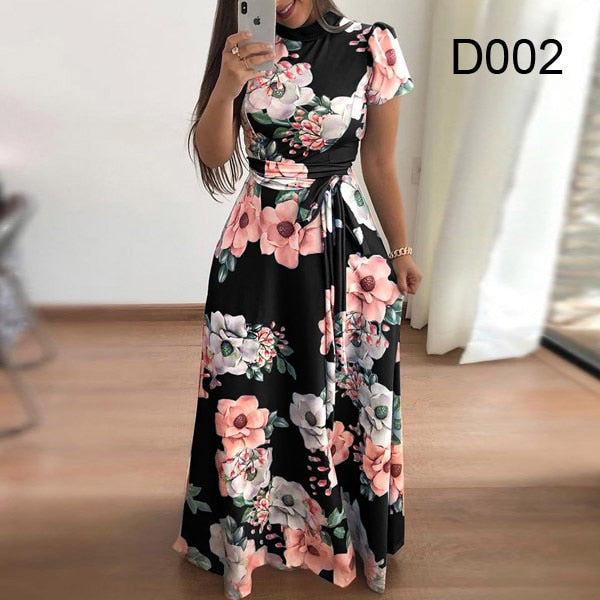 Elegant Short Sleeve Flower Print Long Dress