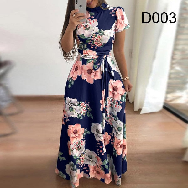 Elegant Short Sleeve Flower Print Long Dress