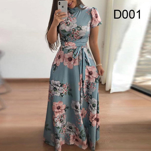 Elegant Short Sleeve Flower Print Long Dress