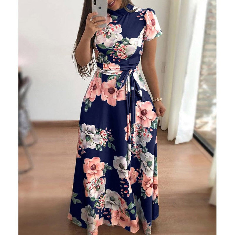 Elegant Short Sleeve Flower Print Long Dress