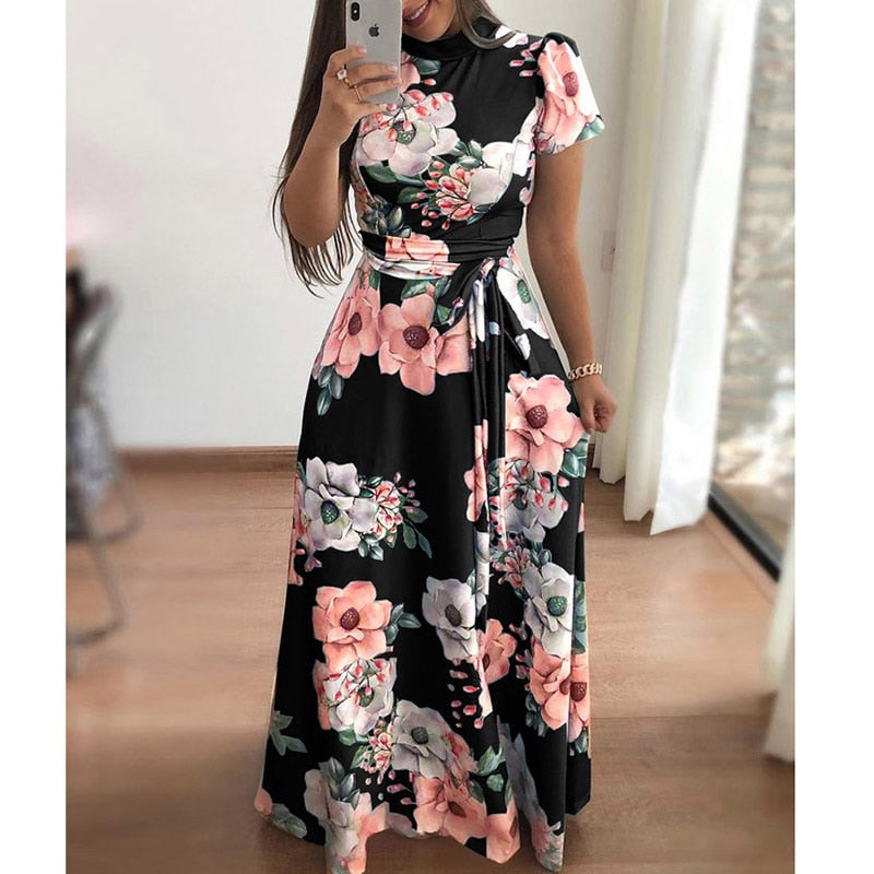 Elegant Short Sleeve Flower Print Long Dress