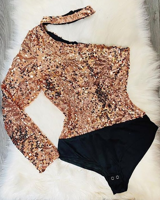 Elegant One Shoulder Sequins Bodysuit