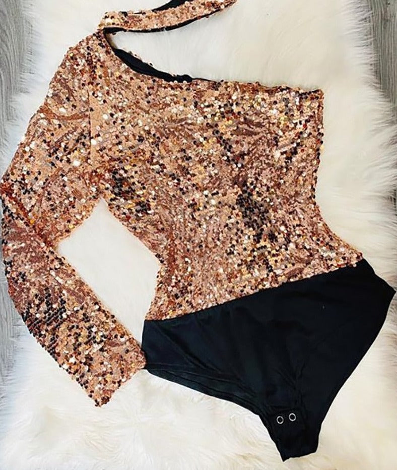 Elegant One Shoulder Sequins Bodysuit