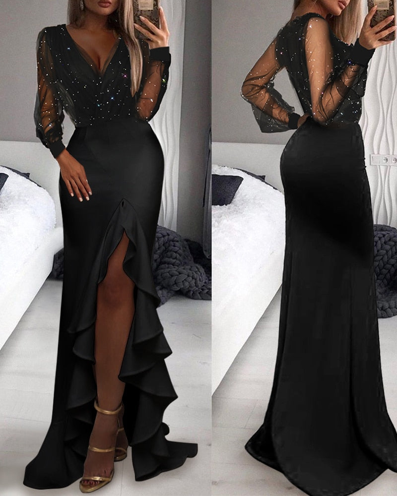 Sheer Mesh Ruffle Elegant Split Thigh Dress