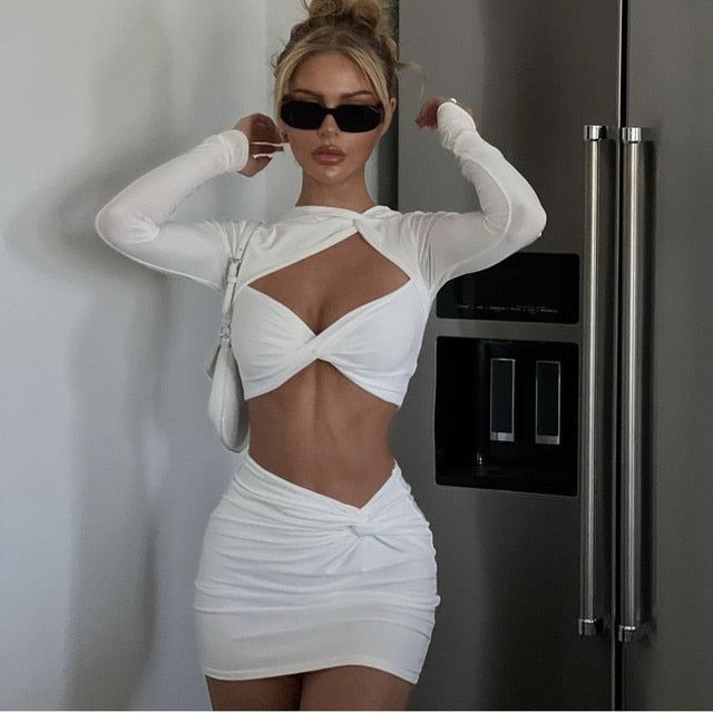 Long Sleeve Hollow Out Crop Top & Mini Skirt