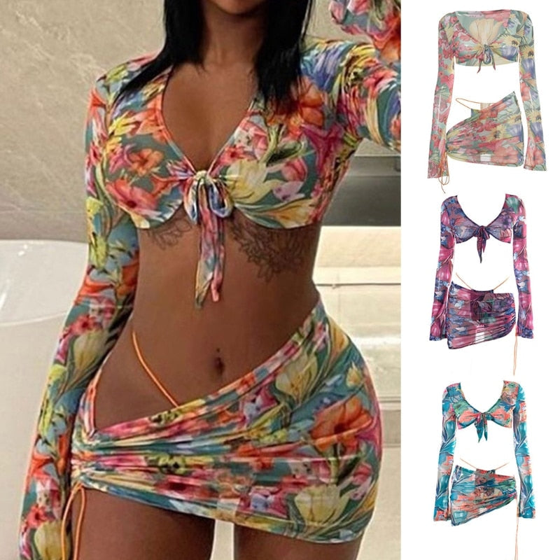 Floral Print Mesh 3 Pieces Set