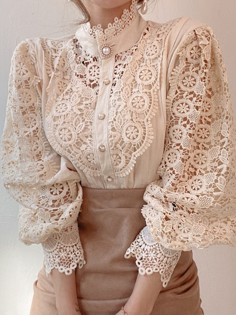 Long Sleeve O-Neck Mesh Vintage Button  Blouse