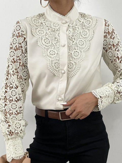 Long Sleeve O-Neck Mesh Vintage Button  Blouse