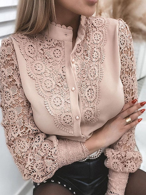 Long Sleeve O-Neck Mesh Vintage Button  Blouse