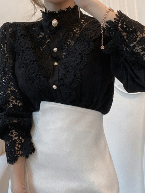 Long Sleeve O-Neck Mesh Vintage Button  Blouse