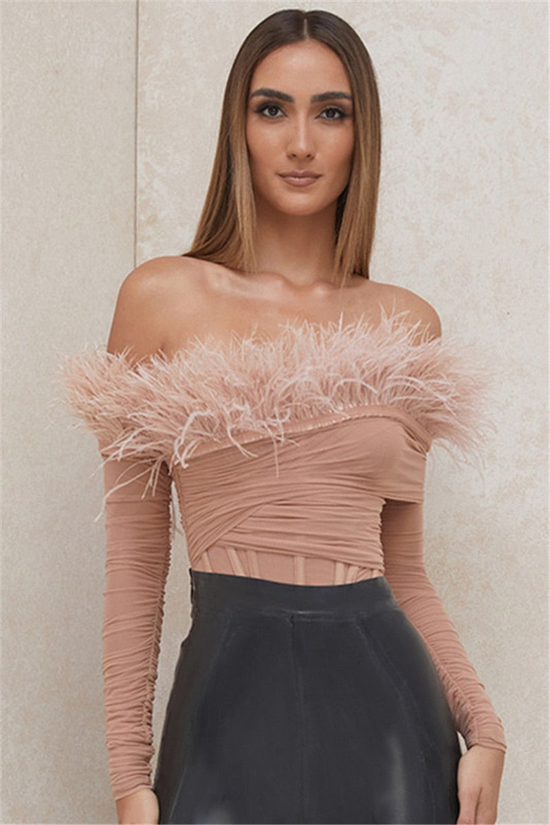 Pink Feather Off Shoulder Long Sleeve Bandage Bodysuit