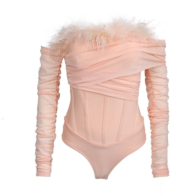 Pink Feather Off Shoulder Long Sleeve Bandage Bodysuit