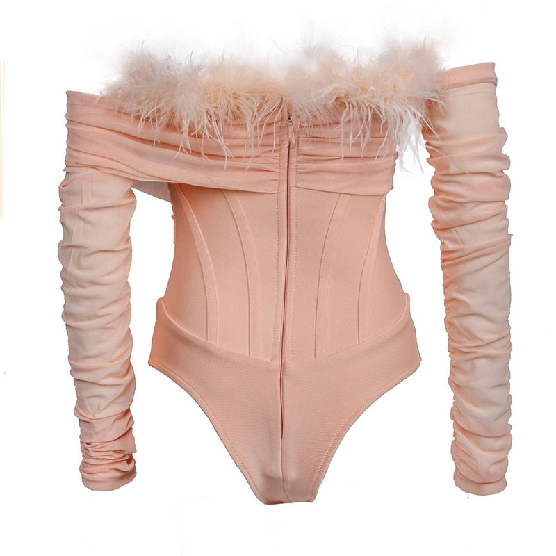 Pink Feather Off Shoulder Long Sleeve Bandage Bodysuit