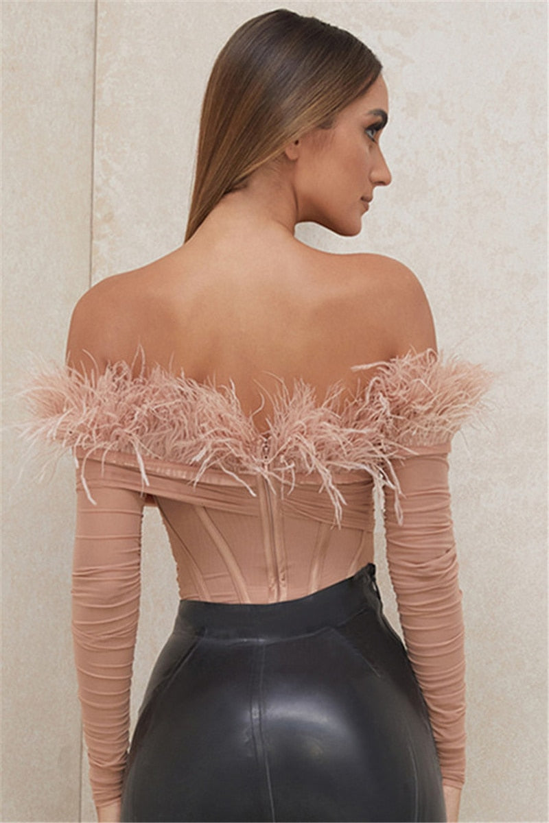 Pink Feather Off Shoulder Long Sleeve Bandage Bodysuit