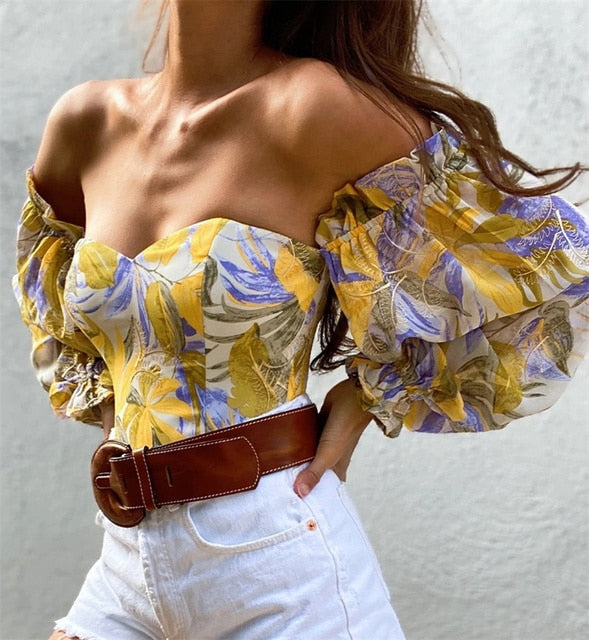 Floral Print Long Lantern Sleeve Off Shoulder Blouse