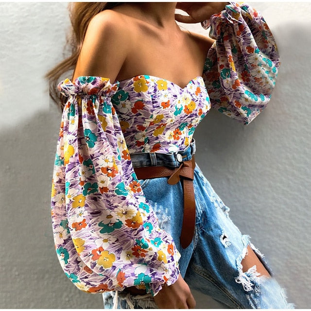 Floral Print Long Lantern Sleeve Off Shoulder Blouse