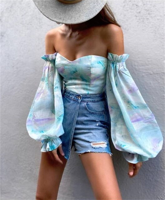 Floral Print Long Lantern Sleeve Off Shoulder Blouse