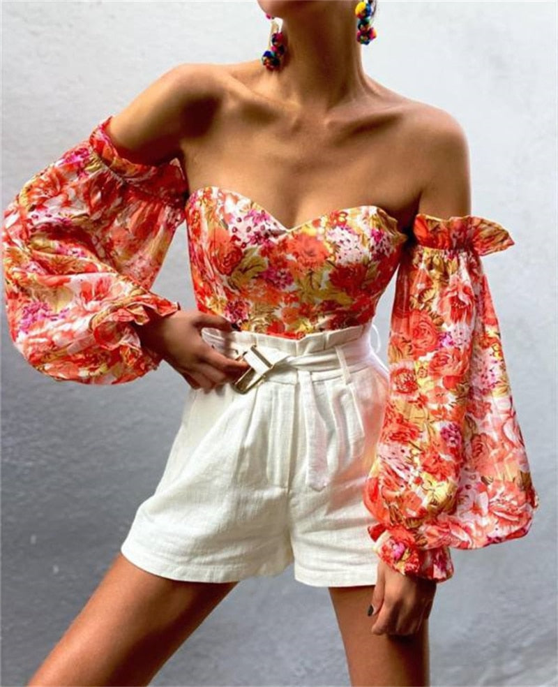 Floral Print Long Lantern Sleeve Off Shoulder Blouse