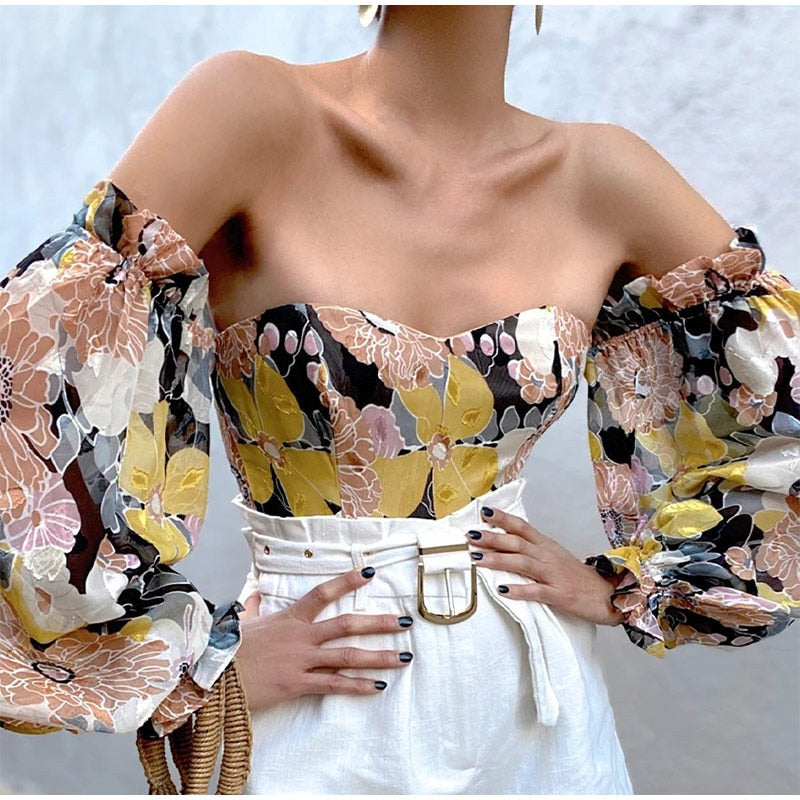 Floral Print Long Lantern Sleeve Off Shoulder Blouse