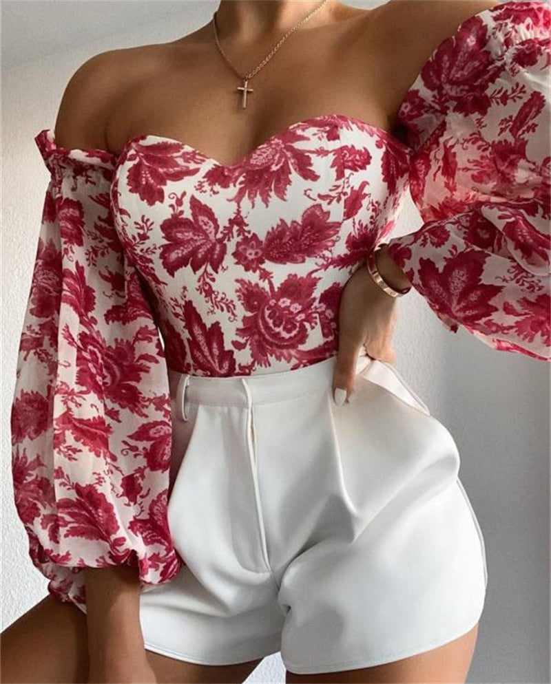 Floral Print Long Lantern Sleeve Off Shoulder Blouse